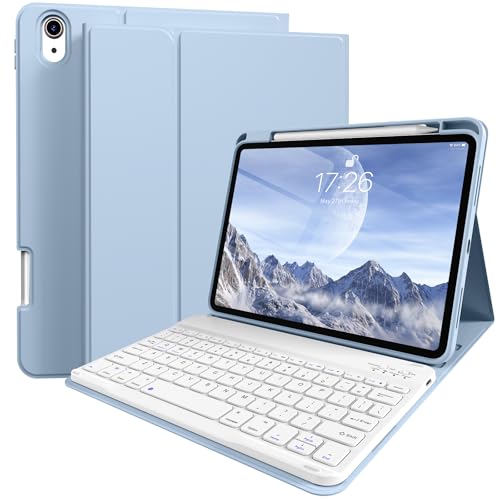 kenke for iPad 11/10th Gen Case with Keyboard 11/10.9 inch 2025 A16/2022, Detachable Wireless Bluetooth Keyboard Case with Bulit-in Pencil Holder, White Square Keycaps (Blue) - color: Blue