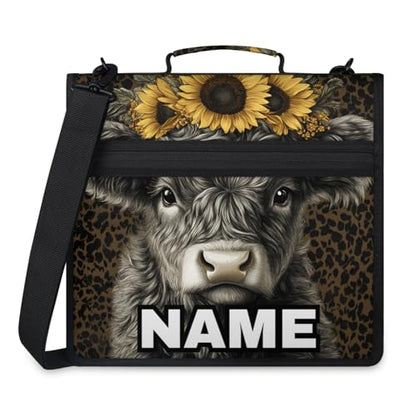 Custom Zipper Binder Leopard Print Highland Cow 3 Ring Binder 1.5 Inch Expanding Pockets File Folder Large Capacity Document Organizer Bag with Handle and Strap - color: Multi 7
