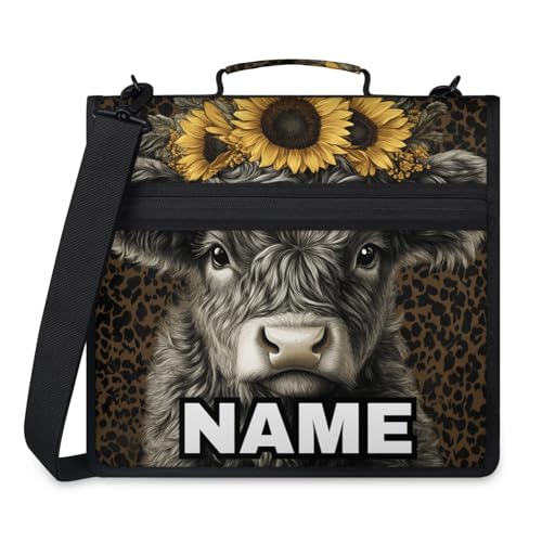 Custom Zipper Binder Leopard Print Highland Cow 3 Ring Binder 1.5 Inch Expanding Pockets File Folder Large Capacity Document Organizer Bag with Handle and Strap - color: Multi 7