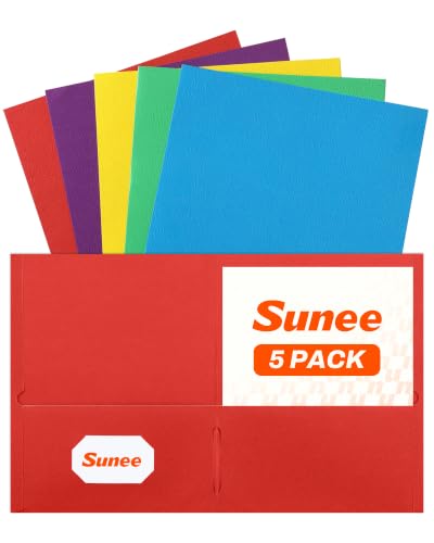 SUNEE Folders with Pockets, 5 Pack Paper Folders with Pockets, Pocket Folders Fit Letter Size Paper, 5 Assorted Colors for Office, Home, Business, School Supplies