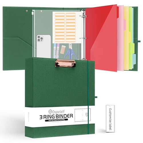 Ospelelf 2 Inch 3 Ring Binder Organizer with Zipper Pouch, Linen Storage Clipboards for Letter Size (11" x 8.5"), 5 Plastic Folders with 10 Pockets, Hardcover School Binder, Green - color: Green, size: 2in (Letter Size)