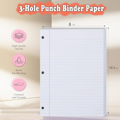 300 Sheets Loose Leaf Paper 8" x 10.5" College Wide Rule Filler Notebook Paper 3-Hole Punched White Lined Paper for 3-Ring Binders Notepad Writing Note-Taking Ideal for Home, School, Office - color: White