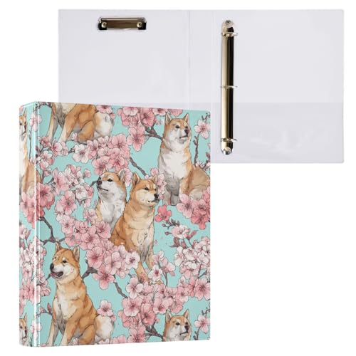 Pink Floral and Shiba Inu Dog Teal Binder 3 Ring 1.5 Inch Binder with Clipboard&Pockets, Hardcover Binders Heavy Duty Large File Folder for Office School Supplies - Holds 200 Sheets - color: Cherry Blossom and Shiba Inu Dog, size: 1 Pack-12.4x10.63in