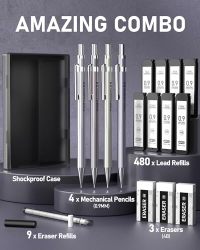 Metal Mechanical Pencil Set, Break-Resistant 0.9mm 4-Pack with Storage Case | 480 Leads, 3 Erasers+9 Refills, For School Writing, Sketching, Art Drawing & Professional Drafting - style: 0.9MM
