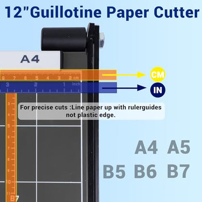 Guillotine Paper Cutter, 12" Cut Length Paper Trimmer with Sharp Blade and Metal Base, 12 Sheets Capacity with Safety Guard, Precision paper slicer for Cutting Paper, Card,Photos,Vinyl