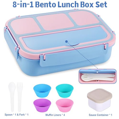 shell and turtle Bento Box Adult Lunch Box, Lunch Containers for Kids Girls Boys with 4 Compartments, Lunchable Food Container with Utensils, Sauce Jar, Muffin Liners, 40 Oz/5 Cup, Blue Pink - color: Blue Pink
