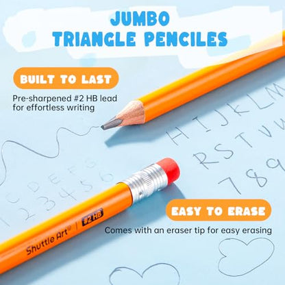 Shuttle Art Jumbo Pencils - 18 Pack Triangle Pre sharpened Pencils #2 HB with Top Erasers & Sharpener, for kids Ages 4-8, Kindergarten School Supplies, Ideal for Home, Classroom - size: 7.6 Inch
