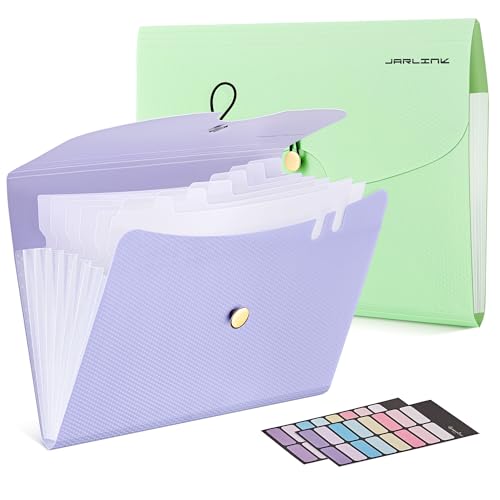JARLINK 7 Pockets Expanding File Folder, A4 Accordion File Folders with 12 Labels, Cute Paper Organizer, Portable Document Organizer for College School Office Supplies, Macaron Pupple & Macaron Green - color: Macaron Pupple & Green