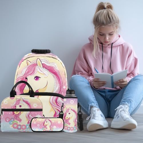 Horse Print Kids Backpack with Lunch Box, 4 in 1 School Supplies Set with Pencil Case and Water Bottle Cover, for students ages 9-12 Primary School - color: Horse Print