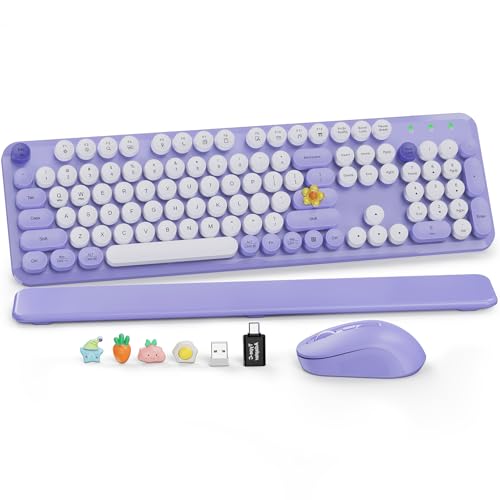 Wireless Keyboard and Mouse Combo, Full-Size Retro Typewriter Keyboard with Round Keycaps, Detachable Magnetic Wrist Rest, Tilt Legs, 2.4GHz Cordless for Mac, Windows PC, Laptop, SABLUTE CK23, Purple - color: Forgotten Purple