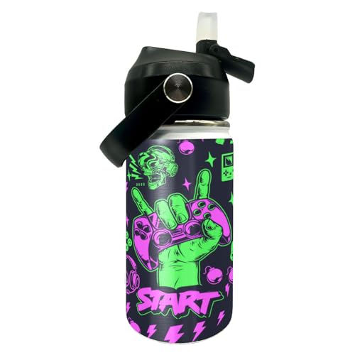 Gamepad Pattern Kids Water Bottle 12oz Stainless Steel Insulated Bottle Vacuum Leak Proof Straw Lid with Double Wall BPA Free School (Color5) - color: Color5