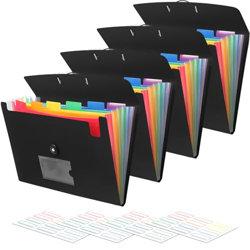 Accordian File Organizer 7 Pocket Expanding File Folder with Labels, Plastic Expandable File Folder for Documents Letter Size A4 Papers - 4-Pack Black - size: 4-Pack 7 Pocket