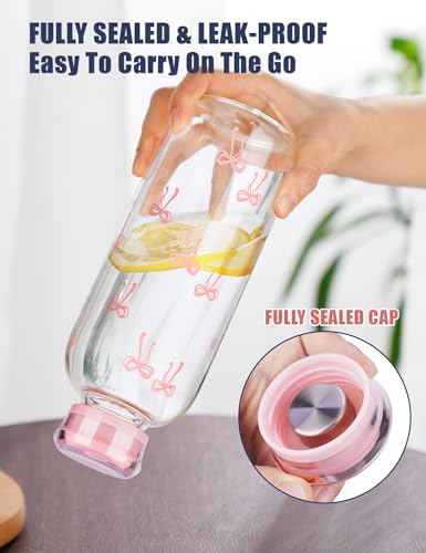 NiHome 25oz/750ml Pink Bow Glass Water Bottle with Silicone Straw, 2 Lids, Cleaning Brush, Borosilicate Glass for Hot and Cold Drinks, Leak-Proof Reusable Bottle for Travel, Gym, Office, School, Home - color: Pink