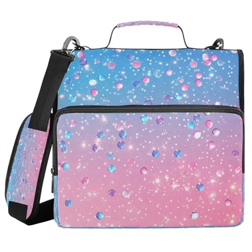 Caikeny 3 Ring Zipper Binder Cute Light Pink Blue Gradient Flashing Glitter 1.5 inch Binders Bag with Shoulder Strap and Handle Expanding File Pockets - color: Multicolored 1z2.1