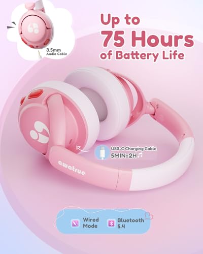 awatrue Kids Bluetooth Headphones, 85dB Volume Limiter, Foldable Wireless Over-Ear Headphones for iPad, Travel, 75H Playtime, Bluetooth 5.4, Built-in Mic, Pink - color: Pink