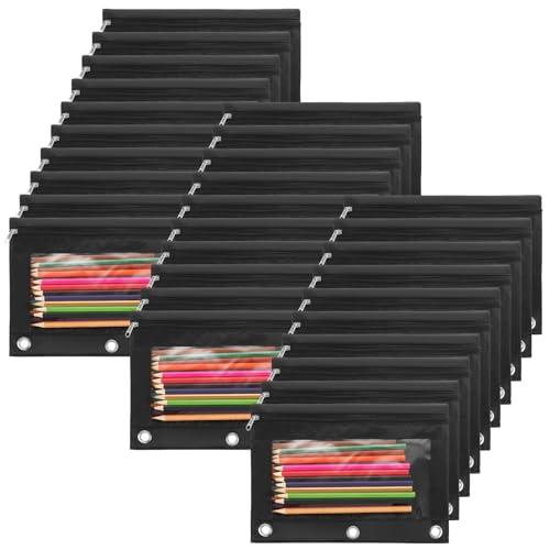 30Pack 3 Ring Binder Pencil Pouch with Zipper Black, Clear Window Pen Holder Case for Office, and Home Organization, Waterproof Oxford Fabric, Fits Standard 3 Ring Binders