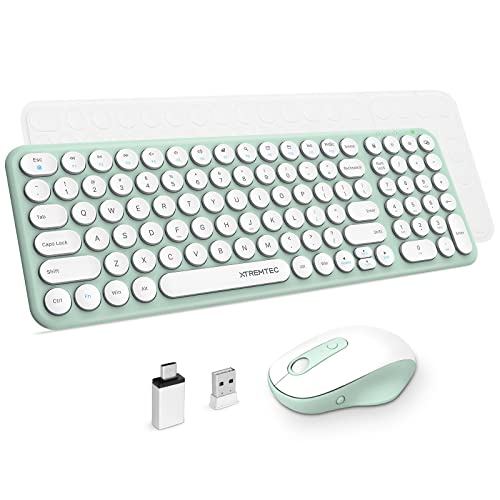 Wireless Keyboard and Mouse Combo,XTREMTEC 2.4GHz Quiet Slim Cute Round Keycap Compact Size Green Kawaii Cordless Retro Keyboard and Mouse Set Home Office Accessories for Mac/Windows(Macaron Green A) - color: 101A Green