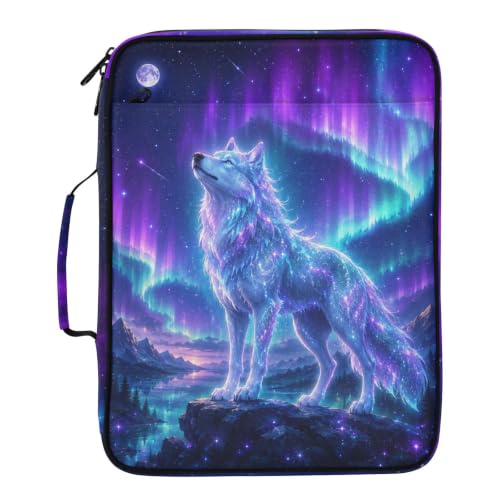 Zipper Binder Case with Handle, Portfolio Organizer 3 Ring Binder, Accordion 6-Tab Expanding File Folder Multiple Pockets Home School Office Documents Storage, Polar Lights Wolf Howling - color: Multicolor 14