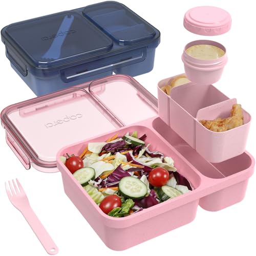 Caperci 2 Pack Salad Containers - Extra-Large 62oz Bento Lunch Box for Adults, 2-Compartment Meal Prep Container with Removable Toppings Tray, Sauce Cup, Reusable Fork, BPA-Free (Navy & Pink) - color: Navy Blue & Pink