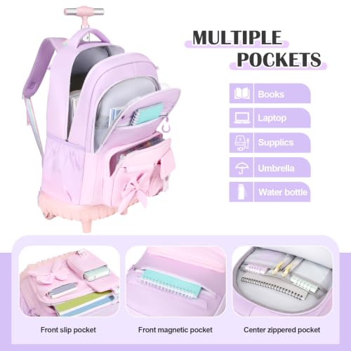 DIGOBAY Rolling Backpack for Girls, Cute Roller School Bag with Wheels, Kids Wheeled Backpacks Set with Lunch Bag Pencil Case for Teen Girls Kindergarten Elementary Middle School - color: Purple-pink