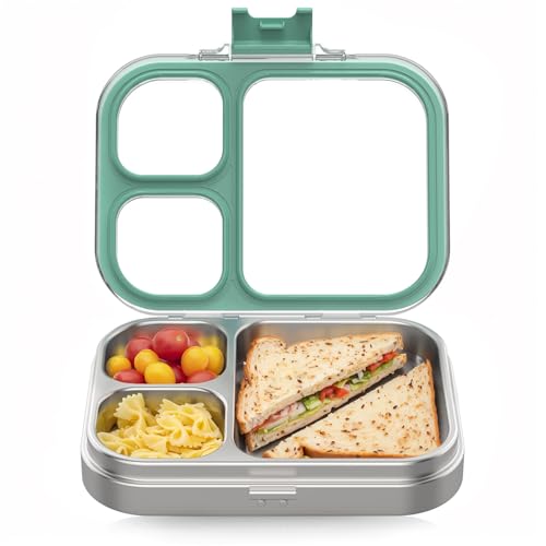 HOMEKOL Stainless Steel Bento Lunch Box, Green, 3.3Cups | 3-Compartment,Leak-Proof, for Kids & Adults, BPA-Free, Dishwasher Safe, Clear Tritan Lid, 800ml (Not Insulated) - color: Green, size: 27oz (800ml)
