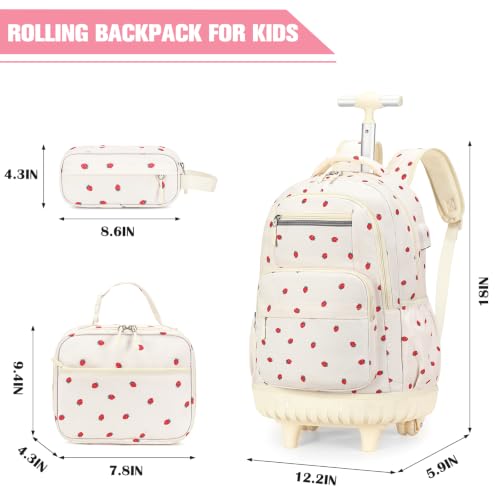ACESAK Rolling Backpack for Girls - Roller Wheels School bag with Lunch Bag & Pencil Pouch for Teen Girls Kids Wheeled Suitcase Backpacks, Elementary Middle School Travel Daypack (Beige Strawberry) - color: Beige Strawberry
