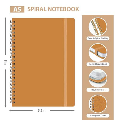 A5 Lined Spiral Journal Notebook, 146 Pages Hardcover Notebook with 100 GSM Thick Paper, Inner Pocket & Elastic Closure, 5.7" x 7.9", Notebooks for Work, School, College, Office, Journaling & Note Taking - color: Orange