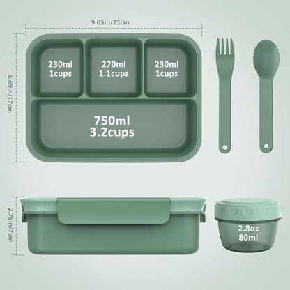 Caperci Bento Box Adult - 50 oz Large Lunch Containers for Adults and Teens, 4-Compartment Bento Lunch Box with Utensils & Leak Proof Sauce Cup, Dishwasher Safe, Durable, BPA-Free (Khaki Green) - color: Khaki Green