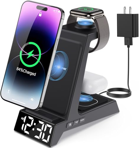 ANJANK 4 in 1 Wireless Charging Station Alarm Clock, Charging Dock for Apple Devices, Charger Stand for iPhone 17 Air 16 15 14 13 12 Series for Apple Watch 11 10 9 8 7 6 5 UItra/SE & AirPods, Dimmable - color: Black