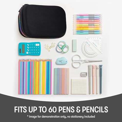 ZIPIT Black & Rainbow Pencil Box for Girls, Cute Pencil Case for School, Large Capacity Stationery Organizer Box - color: Black & Rainbow