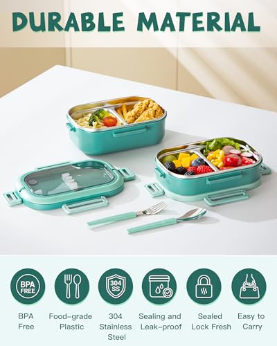 Lille Home Stackable Lunch Box, 2 Tier Stainless Steel Bento Lunch Box, 56oz Large Capacity Leakproof Lunch Containers, 4-Compartment Lunch Box with Utensils for Meal Prep, Work, Picnic(Green) - color: 2 Tier-Green