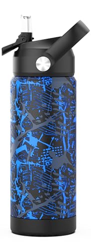 Boys Water Bottle with Straw,18 oz Kids Insulated Cups with Stainless Steel Leak Proof for School,Sport&Travel（Geometry-Blue） - color: A18.Geometry-Blue