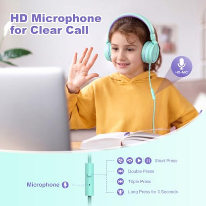 Kids Headphones, AILIHEN I35 On-Ear Headphones for School, 93dB HD Mic Stereo Headphone for Kid Girls Children, Foldable Wired 3.5mm for Chromebook, Laptop, Computer, Tablet (Green Purple) - color: Blue