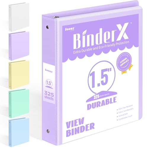 BinderX Extra Durable 1.5 Ring Binder, Round Ring 1.5 Inch Binders, Fits 325 Sheets of 8.5x11 Paper, Customizable View Cover with Inside Pockets, Cute 1.5" Binder, School Supplies for Girls, Lavender - color: Lavender Purple, size: 1.5 inch
