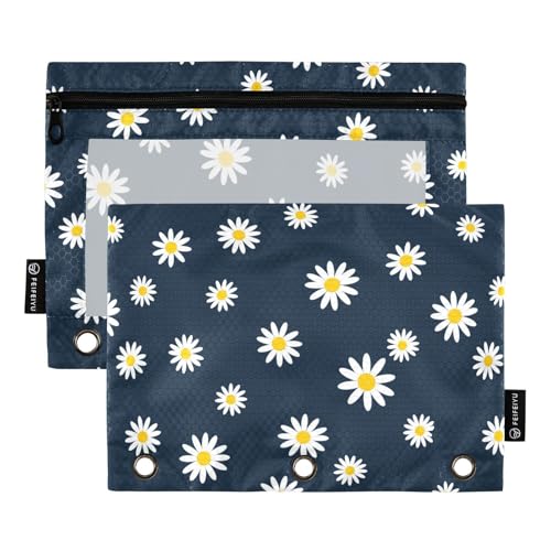 Gredecor Binder Pencil Pouch 3 Ring Navy Blue Flower Daisy Zipper Pencil Pouches Case 2 Pack Clear Binder Organizer for School Office - color: Navy Blue Flower
