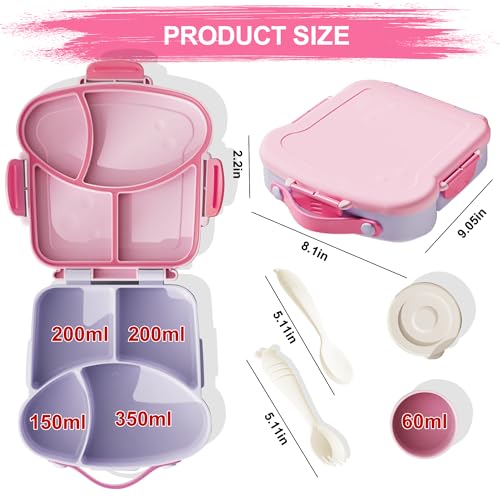 Kids Bento Lunch Box, Toast Shaped 4-Compartment 31OZ Container with Sauce Cup & Utensils (Ages 3+) Leak-Proof, Drop-Proof, Dishwasher Safe | BPA-Free Reusable Lunch Box for School, Travel | Pink - color: Pink-31oz