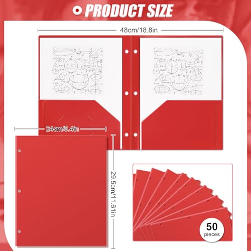 Yeaqee 50 Pcs Plastic Folders with Pockets Bulk 3 Hole Punched 2 Pocket File Folders for 3 Ring Binder Divider Folder for Notebooks, Durable Poly for Office Home (Red) - color: Red