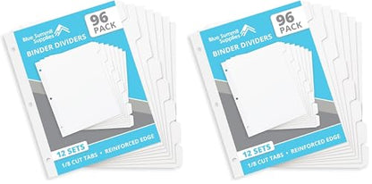 Blue Summit 3 Ring Binder Dividers with Tabs, Reinforced Edge, 1/8 Cut, Letter Size, 8 Tab Dividers for 3 Ring Binder Bulk, White, 12 Sets, 192 Pack - size: 192 Pack