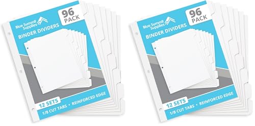 Blue Summit 3 Ring Binder Dividers with Tabs, Reinforced Edge, 1/8 Cut, Letter Size, 8 Tab Dividers for 3 Ring Binder Bulk, White, 12 Sets, 192 Pack - size: 192 Pack