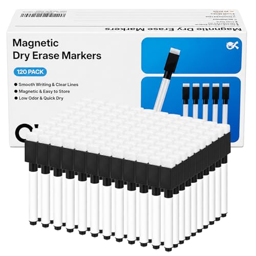 OWLKELA 120 Pcs Magnetic Dry Erase Markers with Eraser Cap, Fine Tip Whiteboard Markers with Eraser, Low Odor Dry Erase Marker Set for School Office Home, Black - size: 120 Pcs