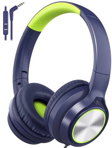Kids Headphones with Cord , Wired Over Ear Headsets with Microphone Limited Volume 85dB/ 94dB, Portable Wired Headphones for Kids Boys Girls Teens Children Online School/Travel/iPad/Tablet/Cellphone - color: Blue, size: Plug 3.5mm