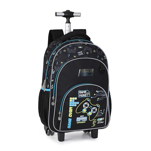 Kids Rolling Backpack for Boys, 5 PCS Cartoon Wheeled Backpack Set with Lunch Bag & Pencil Case, Durable Backpack with Wheels for School, Travel & Daily Use (Blue) - color: Game Black