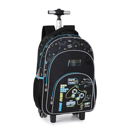 Kids Rolling Backpack for Boys, 5 PCS Cartoon Wheeled Backpack Set with Lunch Bag & Pencil Case, Durable Backpack with Wheels for School, Travel & Daily Use (Blue) - color: Game Black