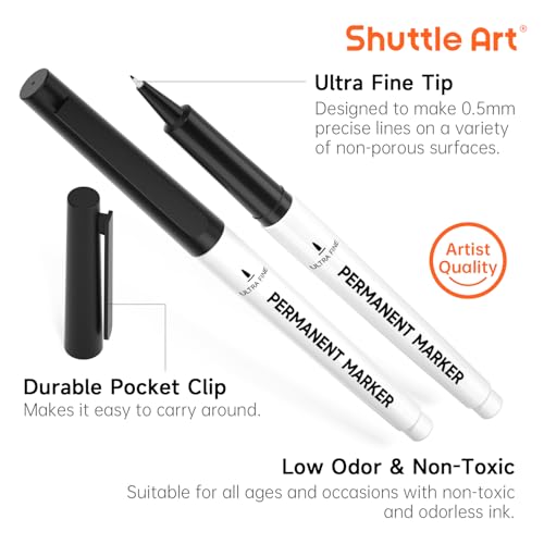 Shuttle Art Permanent Marker, 30 Pack Ultra Fine Point Black Permanent Marker set, Works on Plastic,Wood,Stone,Metal and Glass for Doodling, Marking - size: 1 Count (Pack of 30), style: 30 Pack Black