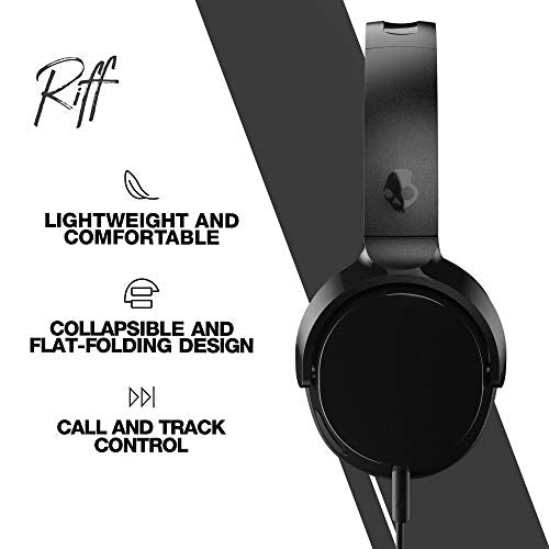 Skullcandy Riff On-Ear Wired Headphones, Convenient for Travel with 3.5mm AUX Plug, Built-in Microphone, Foldable Lightweight Comfortable Design, Durable Headband, Reliable Simplicity - Black - color: True Black, style: Riff