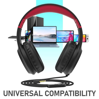 FosPower Kids Headphones with 3.5mm Laced Cables, Children & Teens Over The Ear Foldable Adjustable Headset w/Built-in Mic for Smartphones/PC/Tablet/Laptop/School (Max Volume 85dB) - Black/Red - color: 09 - Black/Red
