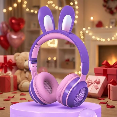 Rabbit Purple Cat Headphones Bluetooth, Noise Cancelling, LED, Mic | Delight your child with these stylish LED cat ear headphones premium noise cancellation, built-in mic, and wireless ease. - color: Rabbit Purple
