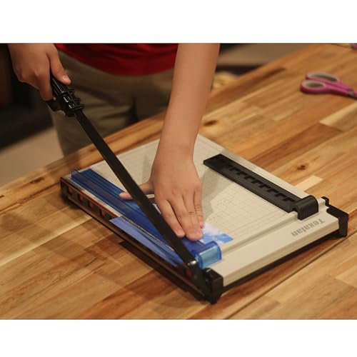 TEXALAN(R) Paper Cutter Letter Size Paper Trimmer 12” Cut Length 12 Sheet Capacity Guillotine Paper Photo Cutter with Magnet Clamp, Paper Guide, Size Guideline - color: White Metric Scale