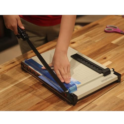 TEXALAN(R) Paper Cutter Letter Size Paper Trimmer 12” Cut Length 12 Sheet Capacity Guillotine Paper Photo Cutter with Magnet Clamp, Paper Guide, Size Guideline - color: White Metric Scale