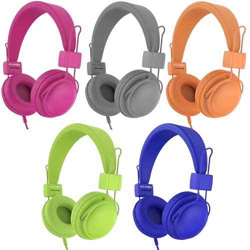 AILIHEN Kids Headphones Wired Bulk 5-Pack for K-6 School & Classroom, with Microphone, 85dB Volume Limit, Shareable, Foldable, 3.5mm Jack for Chromebook, Computer - Dark Color - color: Dark Color